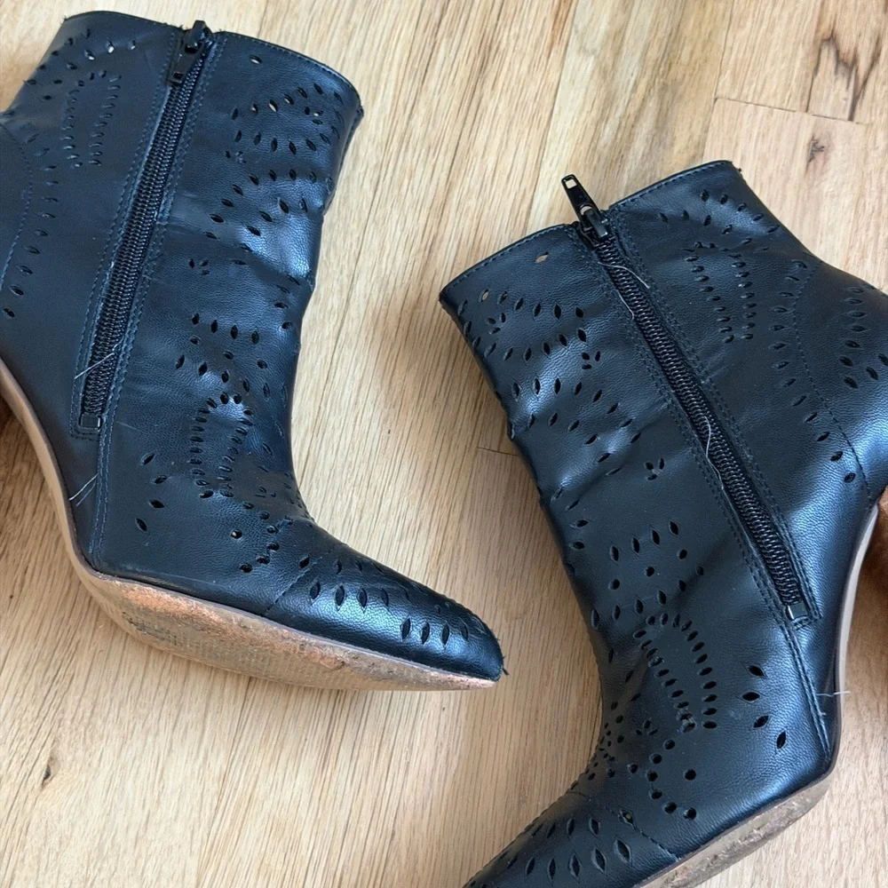 Black Leather Inspired Ankle Boots with Wooden Heel
